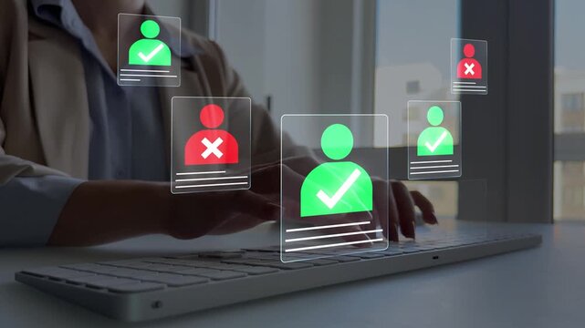 Hiring system resume filtering employee candidate.Digital documents with check marks verified staff records and online HR management. Employee approval process management.	