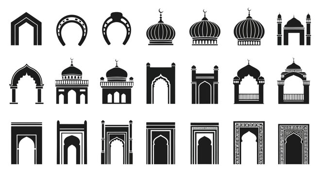 Islamic arch and mosque dome silhouette set, 21 black oriental window and door icons, traditional arabic architectural elements for ramadan design