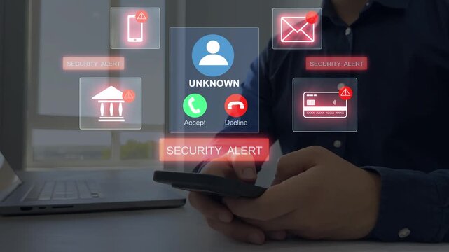 Scam call alert concept showing a suspicious incoming call on smartphone.Unknown Caller fraud risk and warning message highlight phishing, identity theft and the need for caution and digital security.