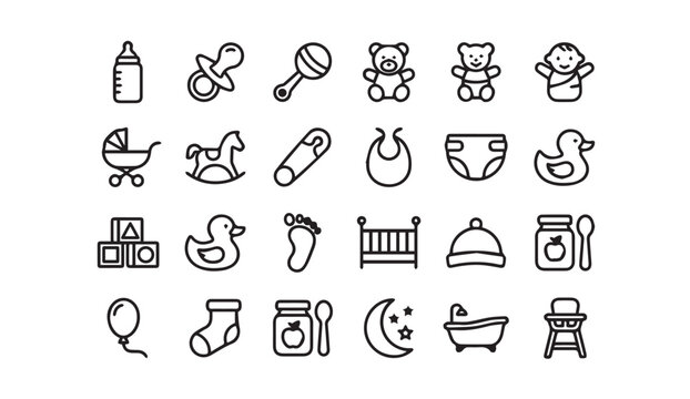 Baby childhood and nursery equipment linear icon collection with childhood