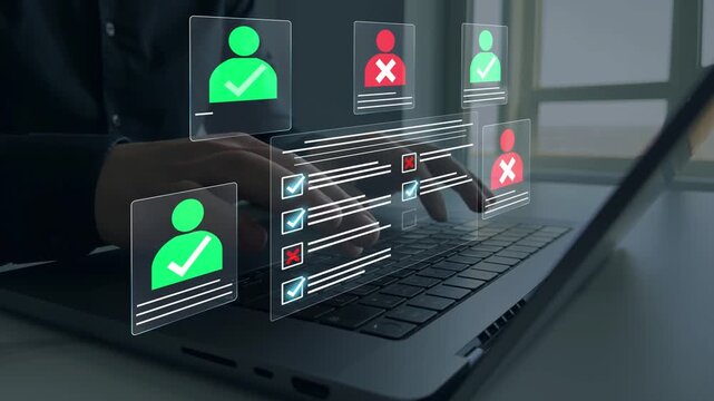 Hiring system resume filtering employee candidate.Digital documents with check marks verified staff records and online HR management. Employee approval process management.	