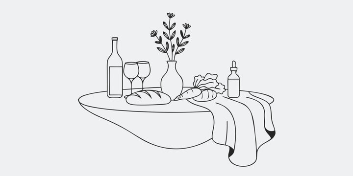 Minimalist picnic line art illustration featuring wine bottle glasses bread and flowers on table
