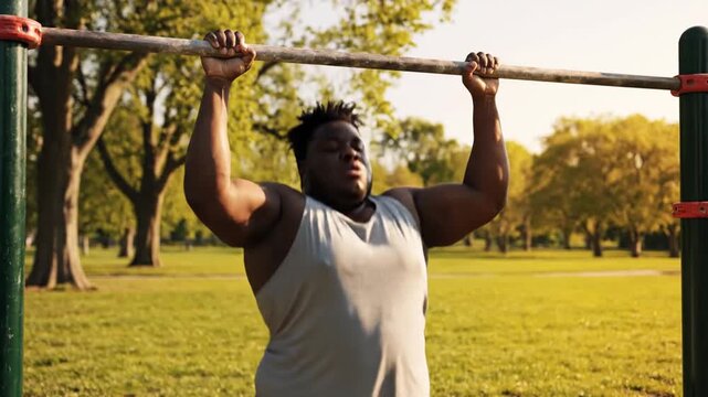 Man performing pull ups outdoors on a sunny day workout fitness