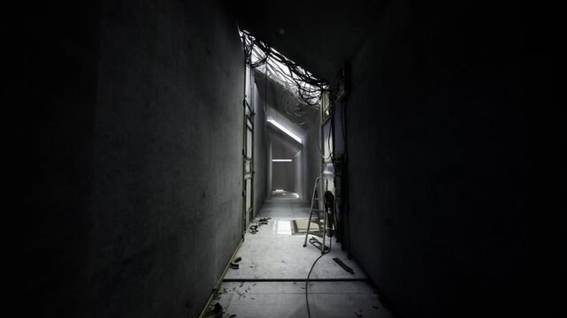 Dim inspection pathway leading to maintenance hatch, tool cart and ladder at side, scattered debris and patched floor, focused practical atmosphere