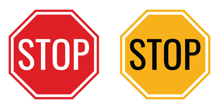 Set of two octagonal stop signs with red and yellow colors for road safety traffic and warning regulation