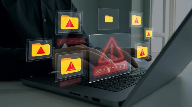 Cybersecurity alert with digital file folder, data protection and online privacy concept. Secure network system with warning notification, encryption and cyber attack defense.