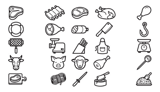 Set of meat and butchers shop outline icons with butchery livestock equipment