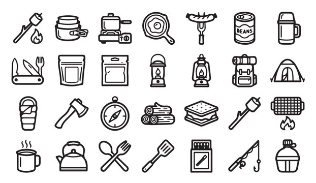 Camping and outdoor activity adventure line icons with adventure, backpack