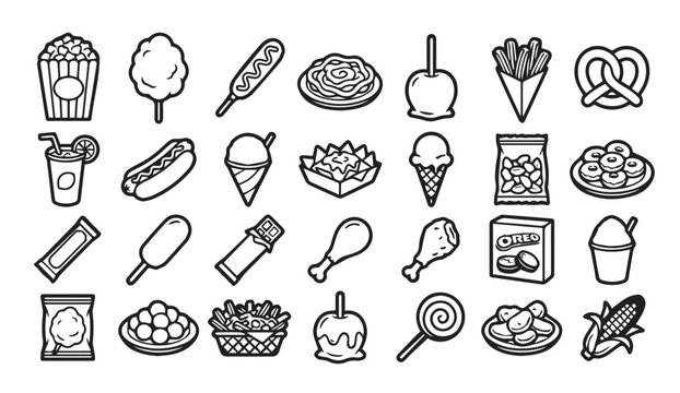 Street food and carnival snacks line icon collection with carnival, delicious