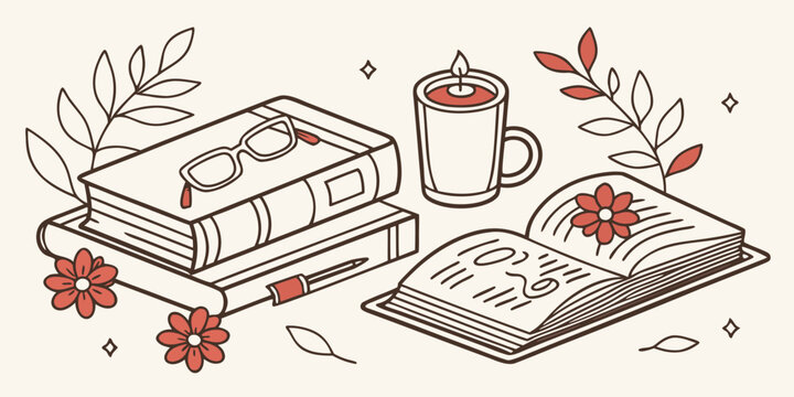 Vintage style botanical book illustration with flowers leaves eyeglasses and candle in mug