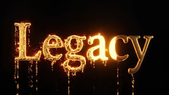 Captivating incandescent golden typographic treatment of the word Legacy forms a molten liquid effect with luminous warm illumination suggesting rich inheritance and enduring value against