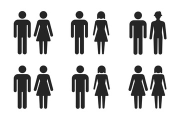 Black pictogram icons of couples and pairs of male and female figures on a white background silhouette