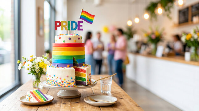 Colorful rainbow cake decorated for Pride Month celebration indoors  
