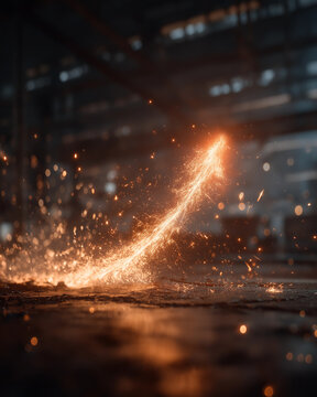 Fiery Ascent: An incandescent arrow, forged from glowing embers and sparks, ascends with dramatic flair against a dimly lit industrial backdrop, symbolizing growth, progress.