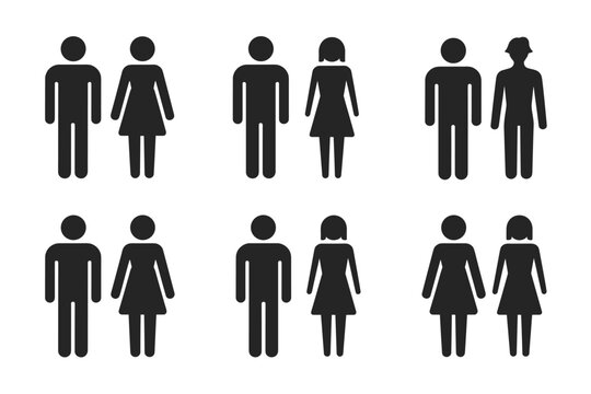 Black pictogram icons of couples and pairs of male and female figures on a white background silhouette