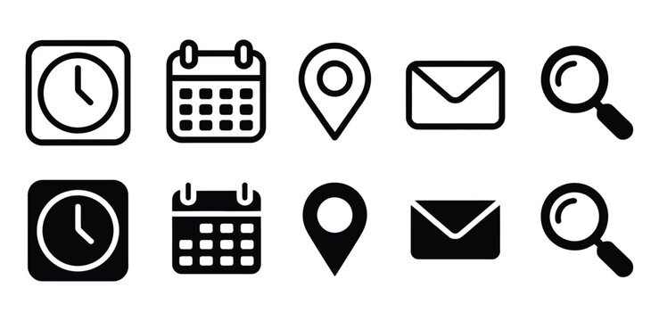Time, date, address, email, and search icon set, outline and solid vector collection for scheduling, communication, navigation, and user interface design concepts
