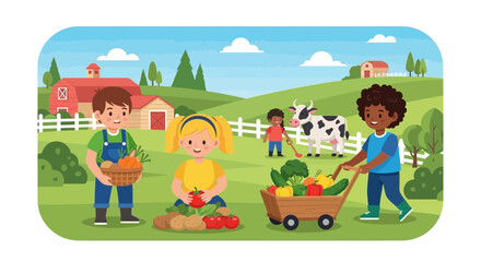 Obraz premium Children harvesting vegetables in garden.