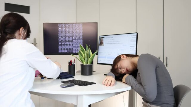 Doctor urgently helping unconscious young woman after fainting during medical consultation physician using smelling salts to revive patient in clinic office
