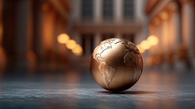 A metallic globe sits centered on a reflective surface in a grand, softly lit architectural space with warm ambient lighting.
