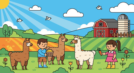 Naklejka premium Children standing with Llamas on farm.