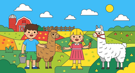 Fototapeta premium Children standing with llama and alpaca.