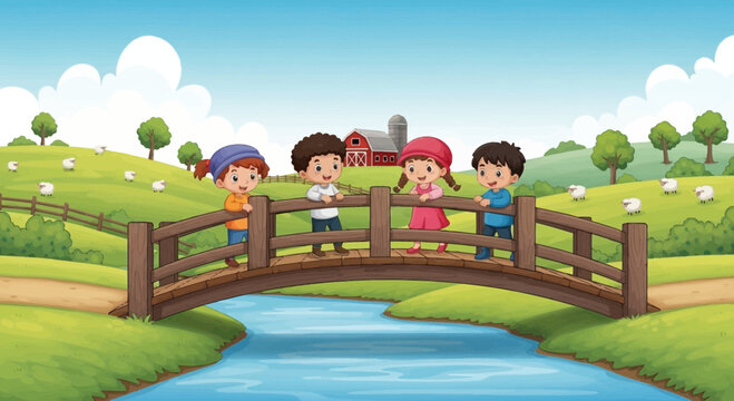 Children standing on small bridge together.