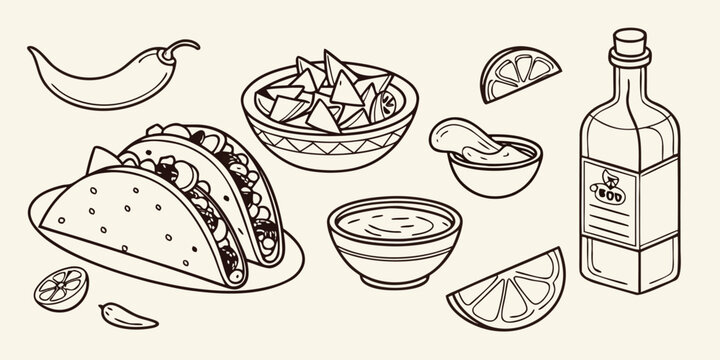 Hand drawn set of mexican tacos nachos with salsa dip and tequila bottle in line art style