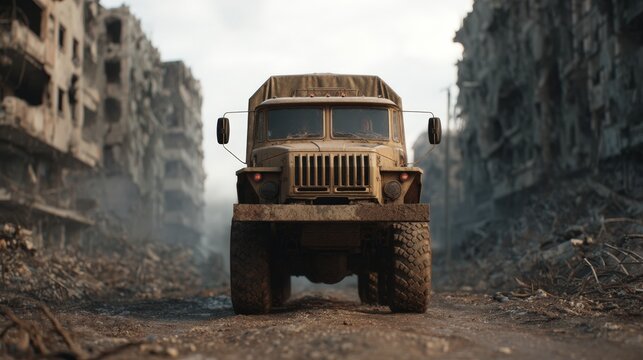 A military truck is positioned on a dirt road between two heavily damaged, war-torn buildings under a cloudy sky.
