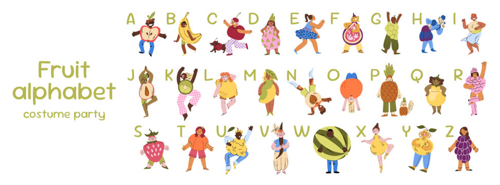 Large horizontal alphabet poster with people and fruits in costumes, fun learning of English letters