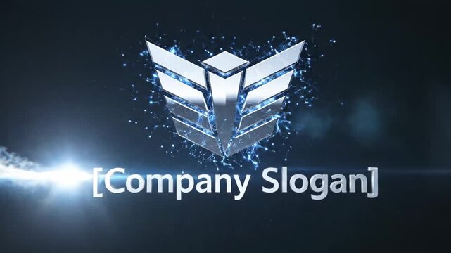 Dynamic metallic winged emblem emerges with glowing particles and bright light flare, presenting a text placeholder for a corporate slogan, perfect for technology or gaming brand identity