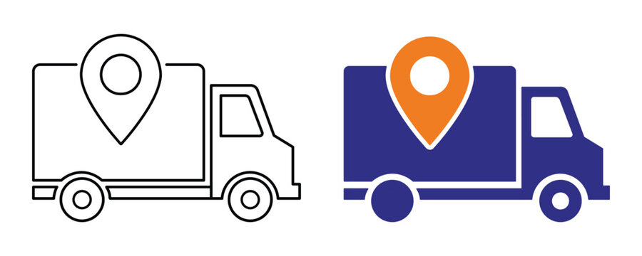 Delivery truck icon with location pin marker for shipping logistics and transportation concept vector set