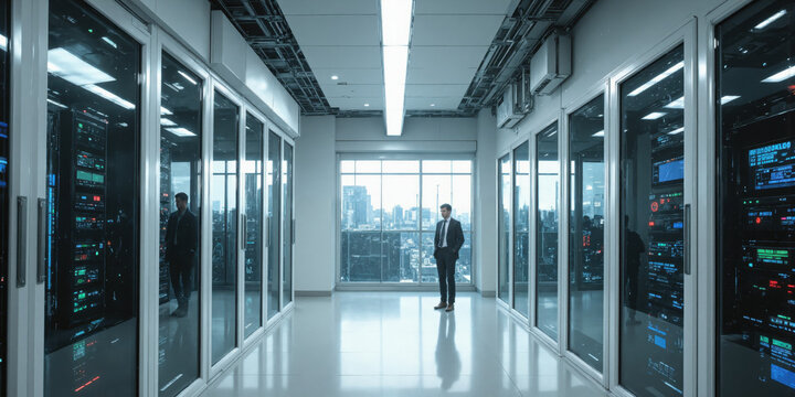 Advanced data storage facility for green tech solutions, with sleek servers, ambient lighting, and efficient design for carbon-neutral data management.