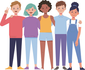 Fototapeta premium Diverse group of happy young friends standing together, multiethnic teenagers flat vector illustration