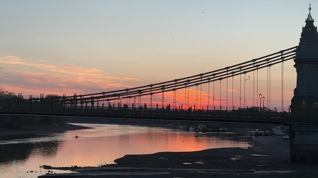 A view of Hammersmith Bridge at sunset, London, United Kingdom
