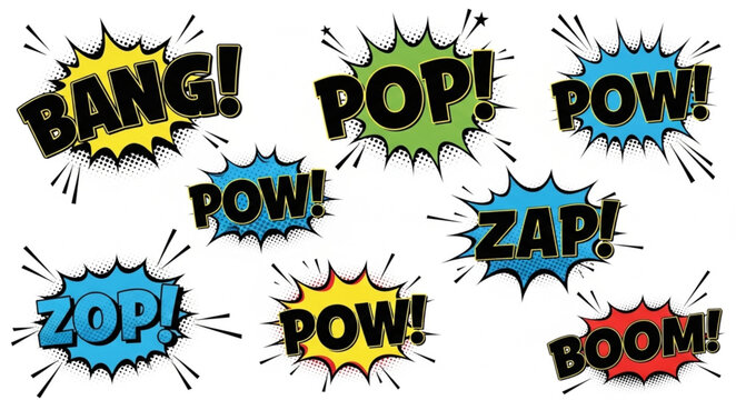 Comic Book Sound Effects Words Bang Pop Pow Zap Zop Boom.