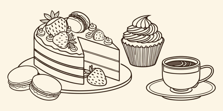 Delicious dessert set with sliced cake, macarons, strawberries, cupcake, and coffee on a light background