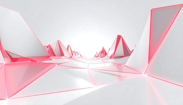 Low-poly landscape with white, angular mountains and a glowing red outline, creating a futuristic, abstract design with depth