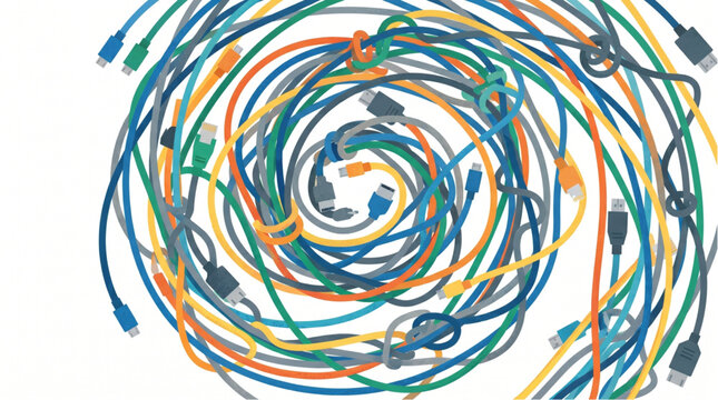 Colorful Network Cables Twisted into a Swirl Pattern.