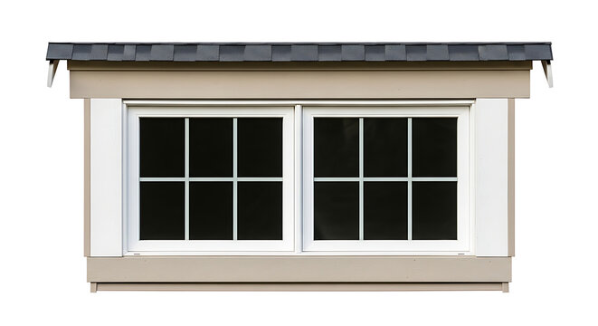 Beige house exterior with white double window and gray shingle roof transparent background