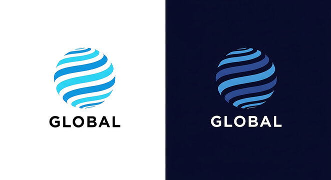 Global logo with swirling lines available on white and dark blue background connection internet technology communication business abstract international branding corporate organization