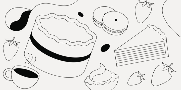Abstract bakery composition with cake, pie, macarons, strawberries, cupcake, and coffee on light background