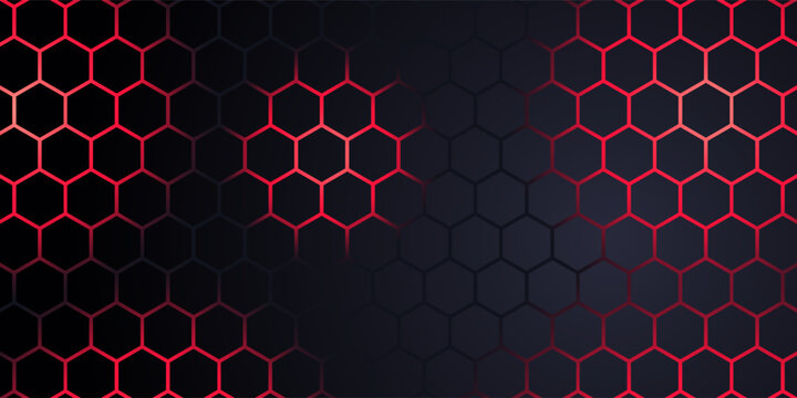 Dark gray and red horizontal hexagonal technology abstract vector background. red bright energy flashes under hexagon in futuristic modern technology wide banner. Dark gray honeycomb texture grid.