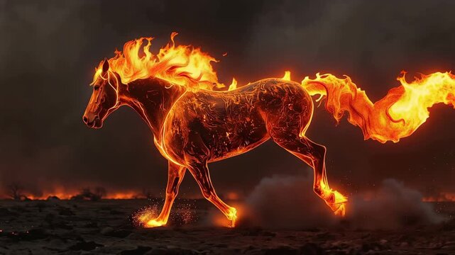 重厚な戦馬のように燃え上がる炎の馬が走るダーク幻想素材