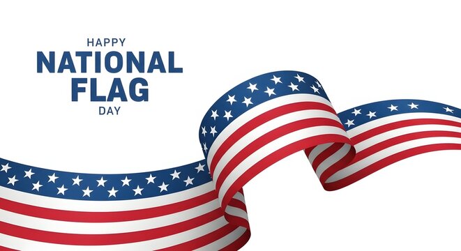American flag waving in wind on National Flag Day with happy greeting text