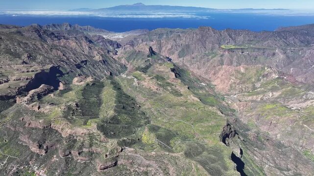 Aerial view of Parque rural del Nublo and Caldera de Tejeda, Gran Canaria, Canary Islands, Spain