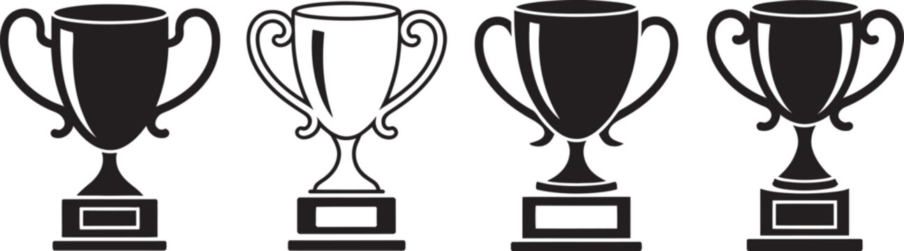 trophy award cup icons collection in black. contest and competition award symbol. trophy cup icons, trophy cup award in flat style, premium recognition labels, gaming leaderboard rewards, corporate ac