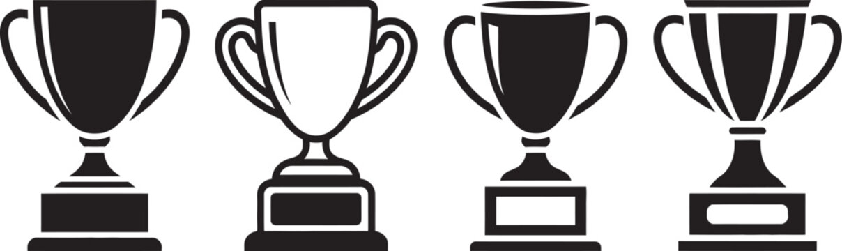 trophy award cup icons collection in black. contest and competition award symbol. trophy cup icons, trophy cup award in flat style, championship achievement badges, winner celebration graphics, sports