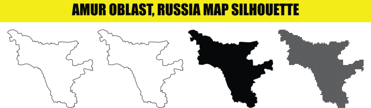Amur oblast russia map silhouette collection. regional geographic outlines in different design styles.