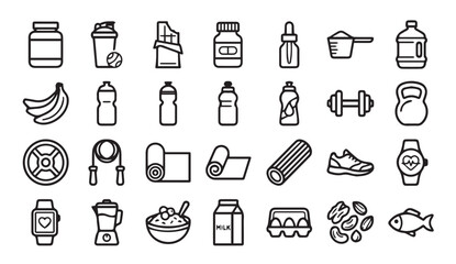Nutrition and supplements fitness outline icon set with nutrition, supplements © Vector Galaxy