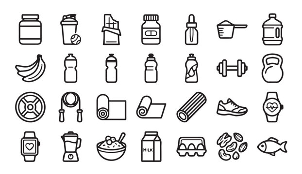 Nutrition and supplements fitness outline icon set with nutrition, supplements